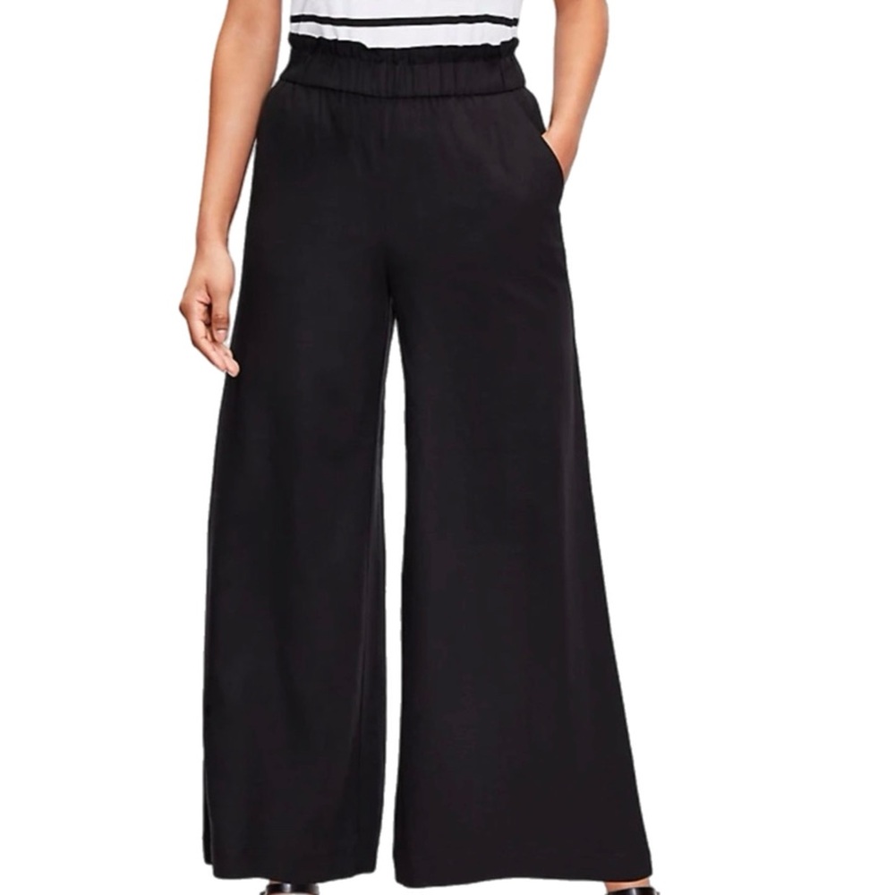 LOFT 30% Linen 70% Rayon Wide Leg  Pull On Linen Blend Pants Pockets Black XS.